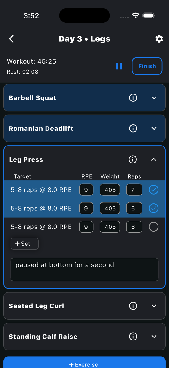 Tracket mid-workout screen logging leg press sets with weight, reps, and RPE