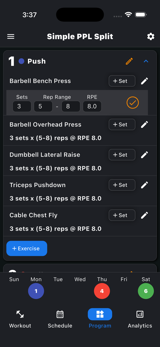 Program screen showing a push day with exercises, sets, rep ranges, and RPE targets