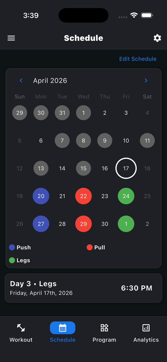 Schedule screen showing a monthly calendar of push, pull, and legs days